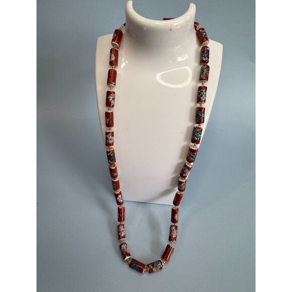 Vintage Chinese Cloisonne Floral Glass Bead Necklace With Barrel Clasp 22" Red M - Picture 2 of 9